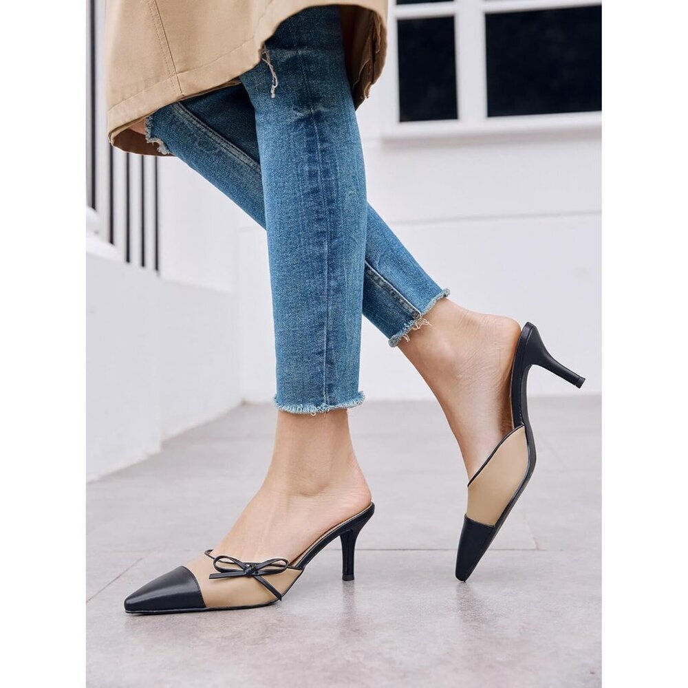 Mules Heels Khaki Faux Leather Closed Pointed Toe Slip On Backless Shoes Pumps - Picture 2 of 6
